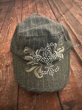 Embellished Gray Pinstripe Military Cap - Unbranded